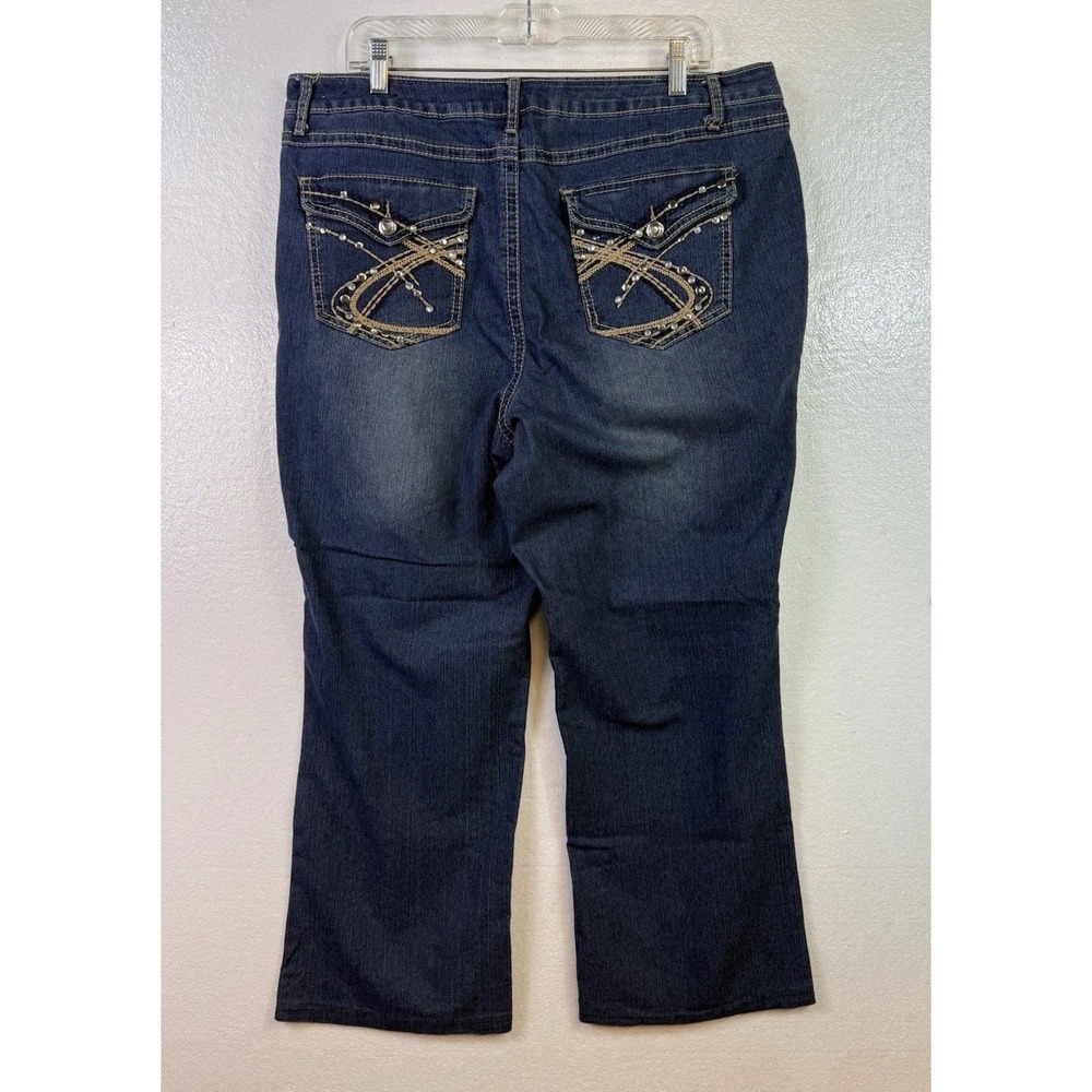 CATO Womens Denim Blue Jeans Sz 16W Embroidered Stretch Wide Leg Rinestone 38x28